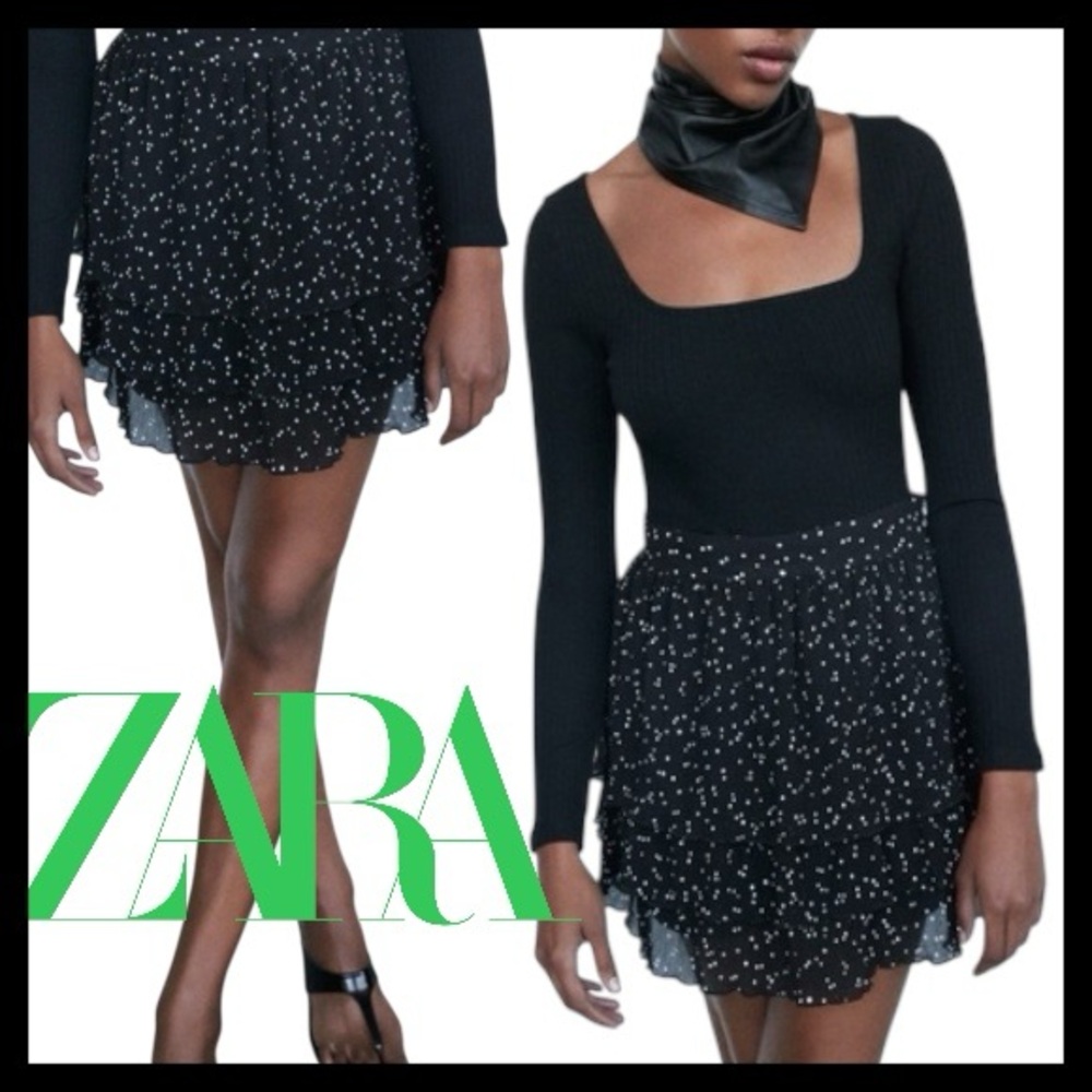 Zara Black/White Dot Pleated Tiered Mini Skort/Skirt (M)